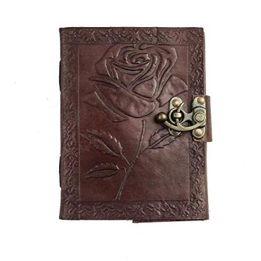 Imagem de TUZECH Caderno de couro para escrever diário – Diário vintage feito à mão para mulheres e homens com cadeado e rosa gravado, presente para arte, diário de viagem Hocus Pocus e cadernos do livro das sombras para escrever 17 x 12 cm