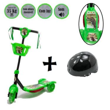 Imagem de Patinete Verde Preto Dinossauro Com Luz Som Presente Capacete - DM Toy