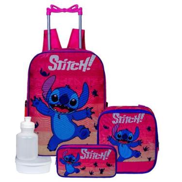 Imagem de Kit Mochila Infantil Escolar Rodinha Stitch Com Lancheira e Estojo Tam