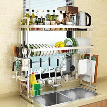 Imagem de Escorredor de louças sobre a pia, escorredor de louça, prateleira grande de escorredor de pratos de aço inoxidável 304 de 2 níveis premium com suportes de utensílios, ganchos para organizador de