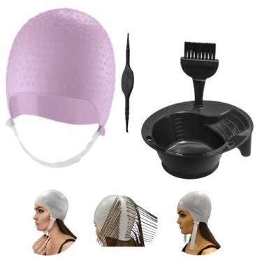 Imagem de Kit Tintura Tigela Pincel e Touca Para Mechas Luzes Siliconada Profiss