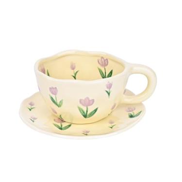 Imagem de Koythin Caneca de café de cerâmica com pires, copo de flores bonito para escritório e casa, 250 ml para chá com leite com leite, canecas de frutas adequadas para mãe no dia das mães (tulipa roxa)