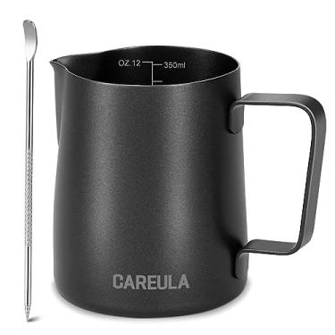 Imagem de Jarra de espumador de leite, copo de espumador de leite de aço inoxidável de 355 ml, jarro vaporizador, café, cappuccino, acessórios para máquina de café expresso, ferramentas de barista, jarro de leite, jarro de metal com caneta de arte latte, preto fosco