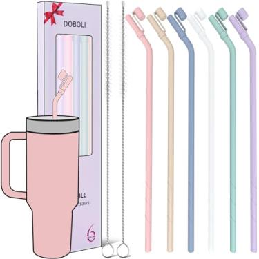 Imagem de Canudo de silicone Doboli longo de substituição de 33 cm com capa de palha, compatível com copo Stanley Owala de 1,2 litros e 900 ml, pacote com 6 canudos dobrados reutilizáveis com escova de limpeza
