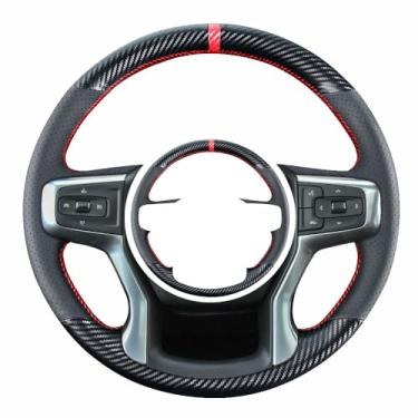 Imagem de Eangzia Capa de volante de fibra de carbono em couro de microfibra adequada para Chevrolet Blazer/Silverado 1500 2019-2022/Silverado 2500HD 3500HD 2020-2022/Suburban Tahoe 2021-2023 Acessórios internos pretos