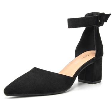 Imagem de qibusleen Sandália feminina fechada de bico fino, salto baixo, tira no tornozelo, salto grosso, sapatos de camurça para festas, casamentos, elegantes, confortáveis, de couro de camurça, sapatos de 6