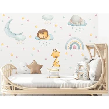 Imagem de Adesivo de Animais Aquarela Nuvens Lua Cute Baby Safari - adesivos kig