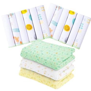 Imagem de Kit 15 Peças Enxoval bebe - 12 Paninho de boca + 3 Cueiros Flanelados 