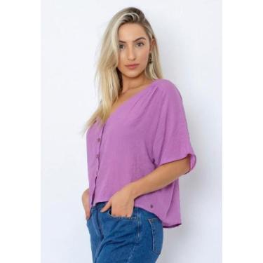Imagem de Camisa Cropped Botões Feminina Le Julie, Lilás, G