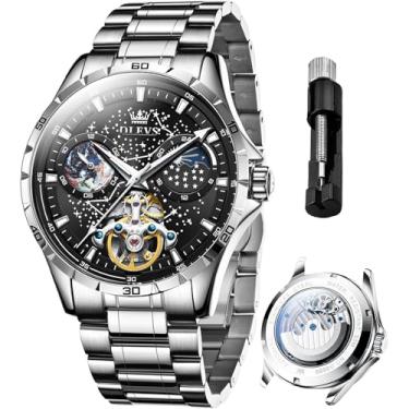 Imagem de OLEVS Relógios de couro masculinos automáticos esqueletos mecânicos turbilhão diamante luxo auto enrolamento vestido relógios de pulso fase da lua à prova d'água luminoso, 6689: pulseira prata e mostrador preto, Luxo
