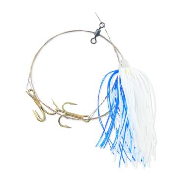 Imagem de C&H Lures, King Buster Kingfish Pro-Rig, cabeça de 1/226.8 g, saia Mylar branca/azul, dois ganchos agudos #4 4X, giratório, fio líder de fio único de aço inoxidável, 9 m