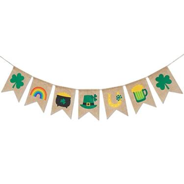 Imagem de AnyDesign Banner de serapilheira para o dia de São Patrício, trevo de trevo de arco-íris, faixa de pendurar rústica pré-montada, guirlanda irlandesa para festa de escritório em casa, lareira e decoração de parede