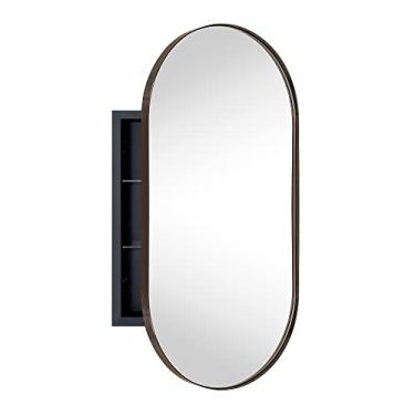 Imagem de EGHOME Armário de medicamentos de banheiro embutido oval bronze polido a óleo com espelho de aço inoxidável emoldurado em metal oblongo armário de banheiro em forma de pílula com espelho 40,6 x 83 cm