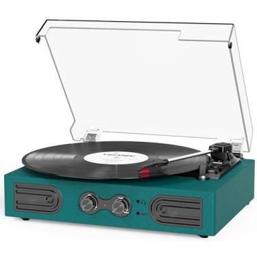 Imagem de Leitor de discos de vinil com alto-falantes embutidos, toca-discos vintage de 3 velocidades, suporte para controle de agudos e graves, conector de fone de ouvido de 3,5 mm, saída RCA/entrada auxiliar,