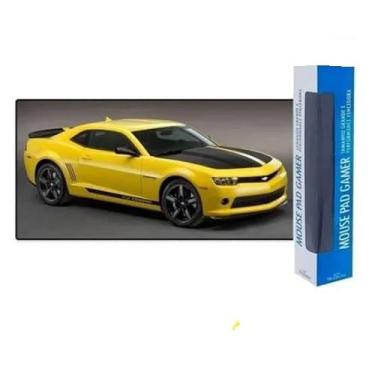 Imagem de Mouse Pad Extra Grande 700x350x3mm Comporta Teclado e Mouse Juntos, Gamer, Base Antiderrapante e Bordas Costuradas Preto com Imagem Carro Camaro Amarelo