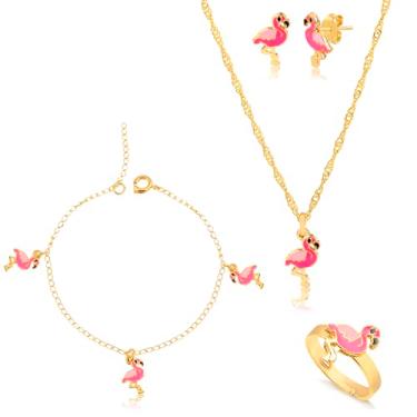 Imagem de Kit Conjunto Infantil Flamingo em Resina com Colar, Pingente, Brinco, Pulseira e Anel Regulável Dourado