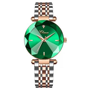 Imagem de Relógios femininos Fashion Shine Cristal Corte Espelho Relógio de Pulso Ouro Rosa Pulseira de Malha de Aço Inoxidável Impermeável Analógico Quartzo, Relógios de quartzo, Couro verde