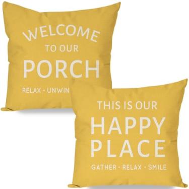 Imagem de HERHOME Welcome to Our Porch This is Our Happy Place Farmhouse Capas de almofada decorativas 45,7 x 45,7 cm, capas de almofadas amarelas para ambientes externos, capas de almofada para casa, cama,