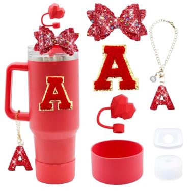 Imagem de Liangang Conjunto de acessórios de copo Stanley vermelho 7 peças para copo Stanley Cup 850.5 g 1,134.0 g copo com alça, incluindo tampa de cobertura de palha de coração, pingente de letra, laço