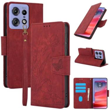 Imagem de Capa carteira de couro com padrão floral para Motorola Edge 50 Pro, com 3 compartimentos para cartão e alça de pulso para mulheres, design de TPU à prova de choque com fecho magnético (vermelho)