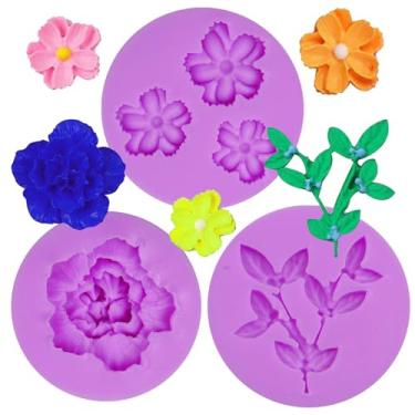 Imagem de 3 peças mini moldes de fondant de silicone de flor de rosa moldes de flor de pêssego plantas flores folha de chocolate para decoração de bolos, cupcake, doces, projetos de artesanato de argila de