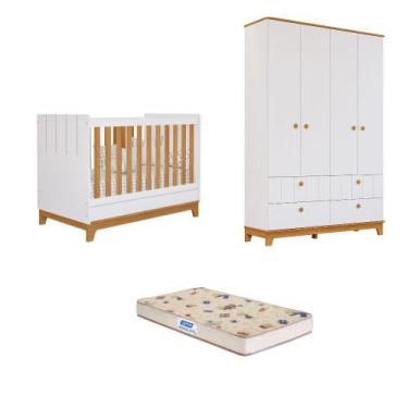 Imagem de Quarto de Bebê com Guarda Roupa Berço e Colchão Liza Permobili, Branco