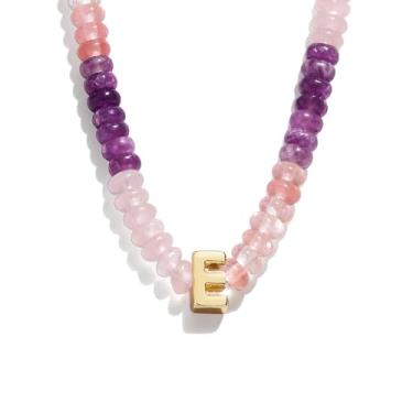 Imagem de Colar com inicial feminina moderna, colar gargantilha colorida com pedras preciosas naturais com contas folheadas a ouro 14K, boêmio, feito à mão, ametista arco-íris, colar com contas, melhores