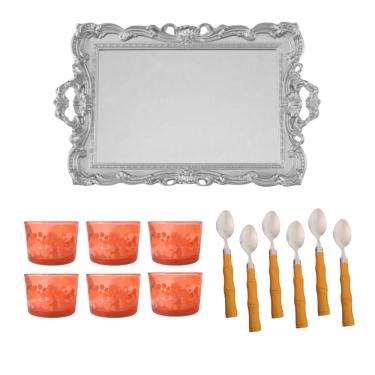 Imagem de Jogo Para Servir Sobremesas Bandeja Potes e Colheres Vidro Coral 13 Peças Amazônia