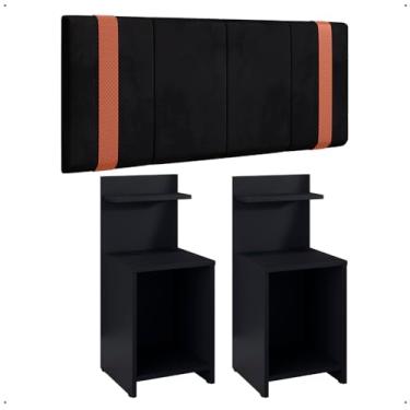 Imagem de Kit 2 Mesinhas Fantasy Preto Compacta Prateleira Cabeceira Parise Suspensa Detalhe Lateral Cama Box Casal 1,40 Suede - Lojas RPM