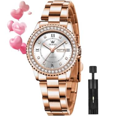 Imagem de OLEVS Relógios femininos diamante com data, couro de luxo, à prova d'água, relógio de pulso analógico, vestido de aço inoxidável, calendário luminoso, relógio feminino, mostrador verde/prata/vermelho