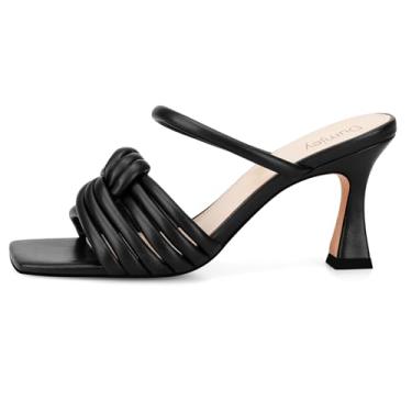 Imagem de Dumjey Saltos, salto mule para mulheres com nó de tiras, bico aberto quadrado, sem cadarço, vestido de casamento, sandálias deslizantes, Preto, 38