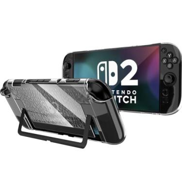 Imagem de NINKI Capa transparente para Nintendo Switch 2 com suporte transparente, à prova de choque antiderrapante de policarbonato rígido + interruptor protetor de cristal de silicone TPU 2 capa protetora