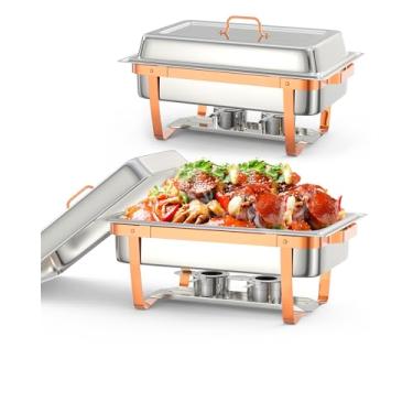 Imagem de Conjunto de 2 pratos de chafing com colher e pinça, pratos retangulares de 8 litros para buffet com suporte de tampa, chafer de aço inoxidável, aquecedores de alimentos, serventes para cozinha, festa