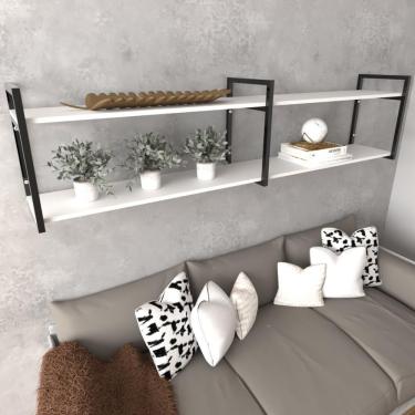 Imagem de Prateleira Industrial Sala Estar Estante Nicho Parede Mdf Suspensa Pratileira Ferro Branco Off White