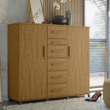 Imagem de Cômoda Sapateira Roma Amêndoa 2 Portas Com Chave 6 Gavetas Cabideiro E Rodízios - Lukaliam