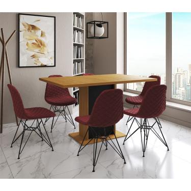 Imagem de Mesa Jantar Londres Retangular Canela 137X90 Base Preta 6 Cadeiras Estofadas Vermelho Ferro Preto