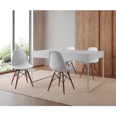 Imagem de Mesa Jantar Industrial Retangular Branca 137X90Cm Base Ferro Branco C/4 Cadeiras Branca Cor: Branco