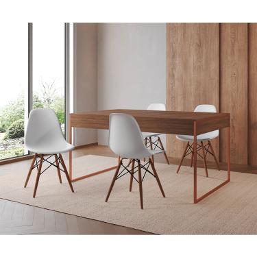 Imagem de Mesa Jantar Industrial Retangular Amêndoa 137X90Cm Base Cobre Com 4 Cadeiras Brancas Cor: Amendoa