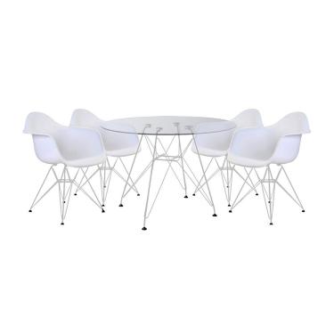 Imagem de Mesa De Jantar Vidro Redonda 110Cm Com 4 Poltronas Brancas Ferro Branco Cor: Branco