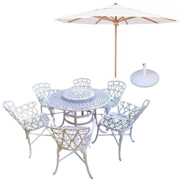 Imagem de Conjunto De Jardim Viena Mesa 1,25m Giratória 6 Cadeiras E Guarda Sol Branco