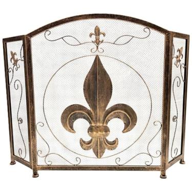Imagem de BestGiftEver Tela De Lareira Decorativa 3 Painéis Com Design Flor-De-Lis Em Tom Bronze Dourado Vintage - Cobertura Independente Malha Ferro Forjado Estilo Real Francês, Decoração Clássica Para Casa
