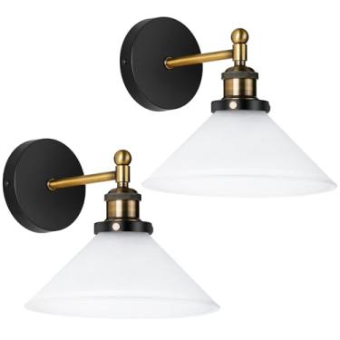 Imagem de LIGHTINN Conjunto De 2 Arandelas Parede Vintage, 110 V, Com Fiação, Em Vidro Fosco, Luminárias Para Banheiro, Penteadeira, Cozinha, Corredor, Escada, Acabamento Bronze Escovado Antiferrugem, Base E2
