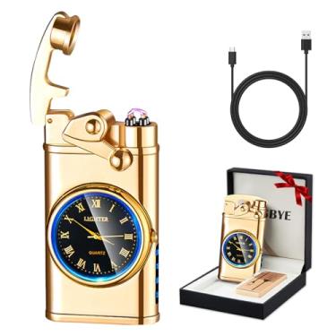 Imagem de RSBYE Isqueiro Elétrico Recarregável Usb, De Plasma Arco Duplo À Prova Vento, Eletrônico Sem Chama Com Indicação Bateria Led Para Homens (Relógio Dourado)