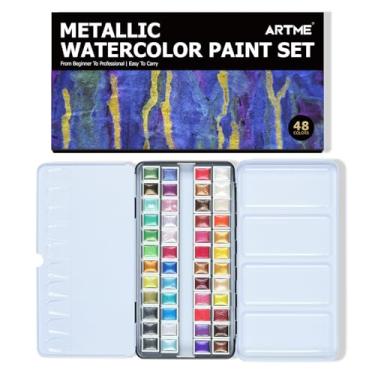 Imagem de ARTSY Conjunto de tintas para aquarela de grau artístico – 48 cores de glitter em uma caixa de metal com paleta perfeita para artistas, hobbistas, estudantes, iniciantes
