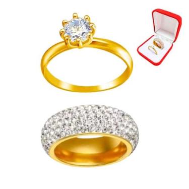 Imagem de Aliança 8mm Ouro 18k Pedras Zirconia Brancas Noivado + Solitario Doura