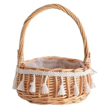 Imagem de Cesta de daminha de flor elegante cesta de vime portátil com alça e borla, caixas de doces tecidas para festa de casamento, piquenique, vime