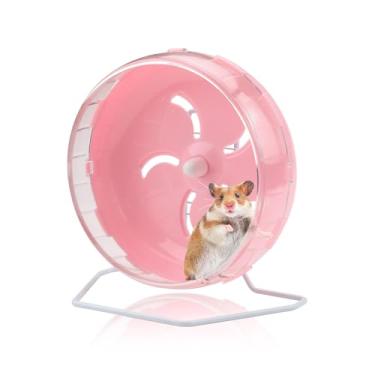 Imagem de Roda de hamster silenciosa rosa de 21,3 cm com suporte ajustável de altura, rodas de exercício silenciosas para hamster, brinquedos de corrida de chinchila para animais pequenos, acessórios de gaiola