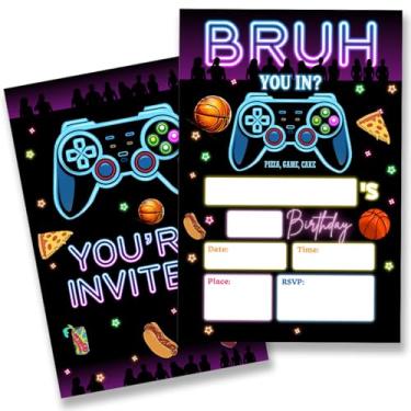 Imagem de QZJ Bruh Convites de festa de aniversário suprimentos com envelopes conjunto de 20 convites de aniversário neon gamer preencher em branco, dupla face