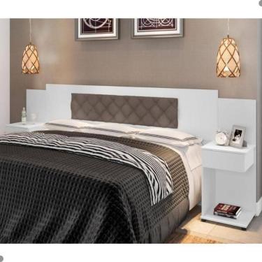 Imagem de Cabeceira Box Bruna Branco Com Capitonê Bege Escuro