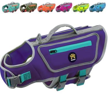 Imagem de Sheripet Colete salva-vidas para cães pequenos com alta flutuabilidade, colete salva-vidas leve para cães nadadores, colete flutuante refletor ajustável, alça de resgate de neoprene (roxo, PP)